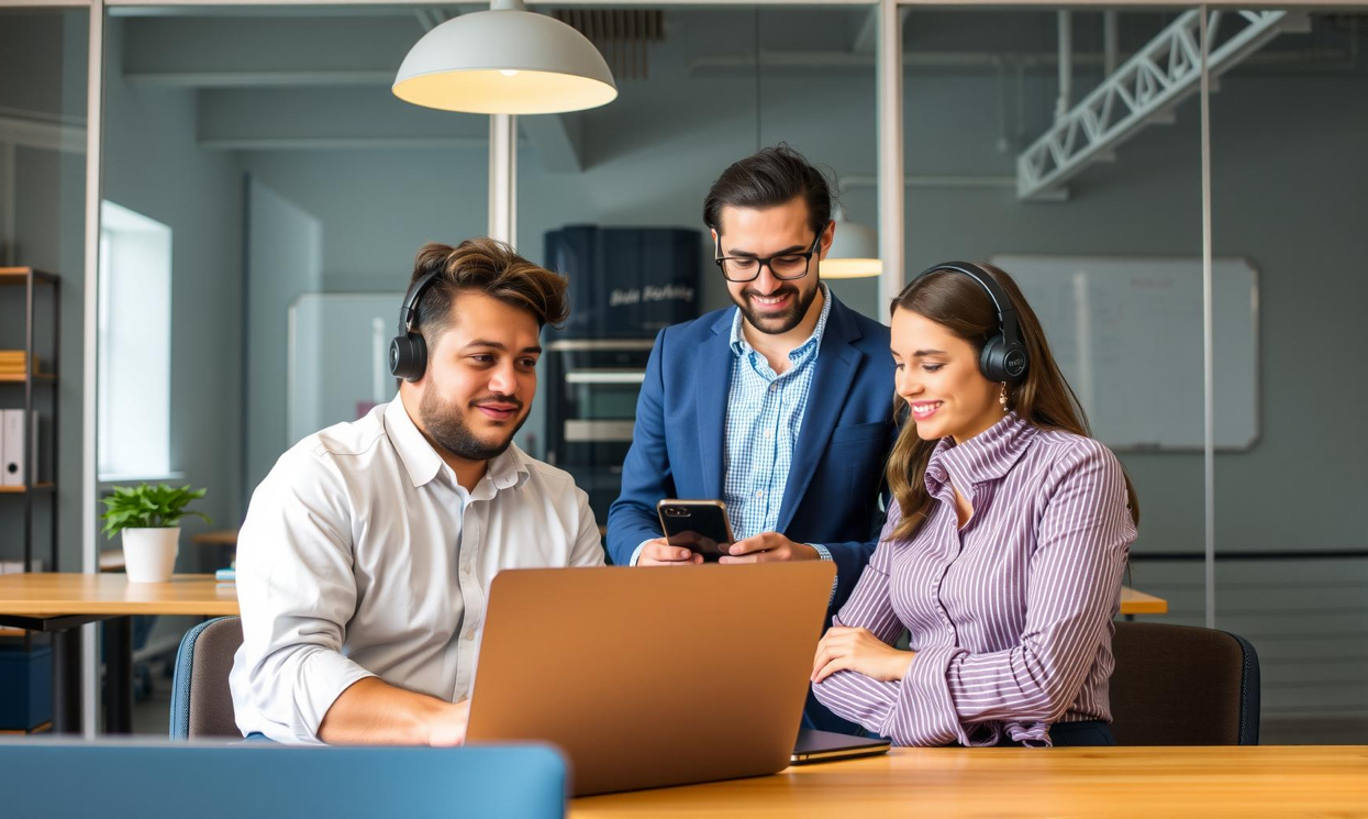 Immagine di un team di lavoro che collabora per implementare soluzioni di AI nel customer service, con espressioni di concentrazione e soddisfazione.