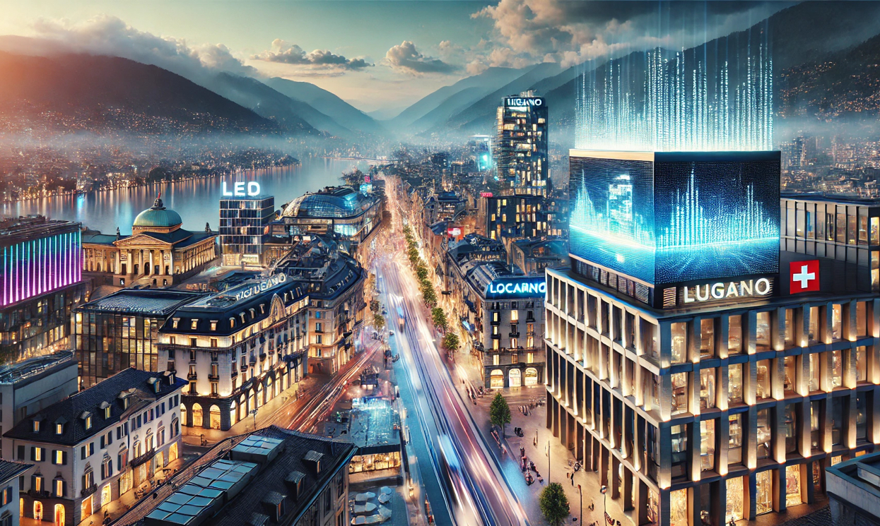 Immagine di una città del Ticino con un'atmosfera moderna e tecnologica, come un'illuminazione LED e un grande schermo pubblicitario