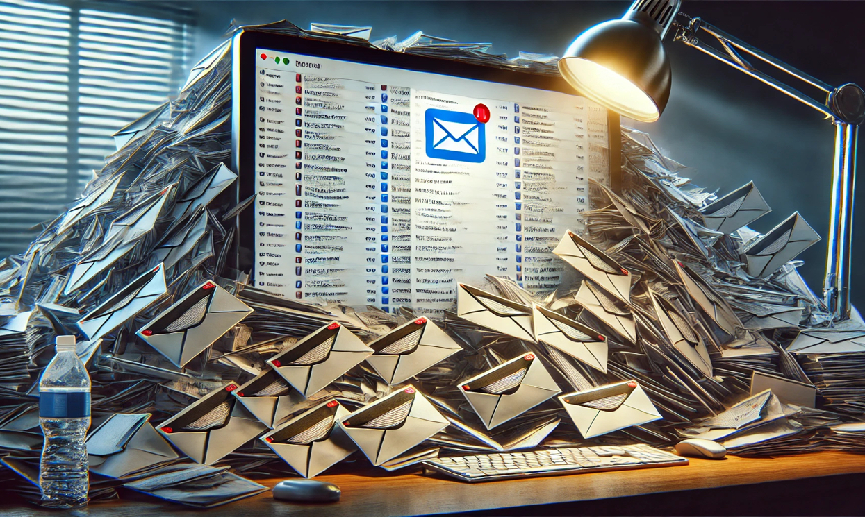 Una rappresentazione di una casella di posta elettronica piena di email, con una luce di lettura che evidenzia un messaggio importante.