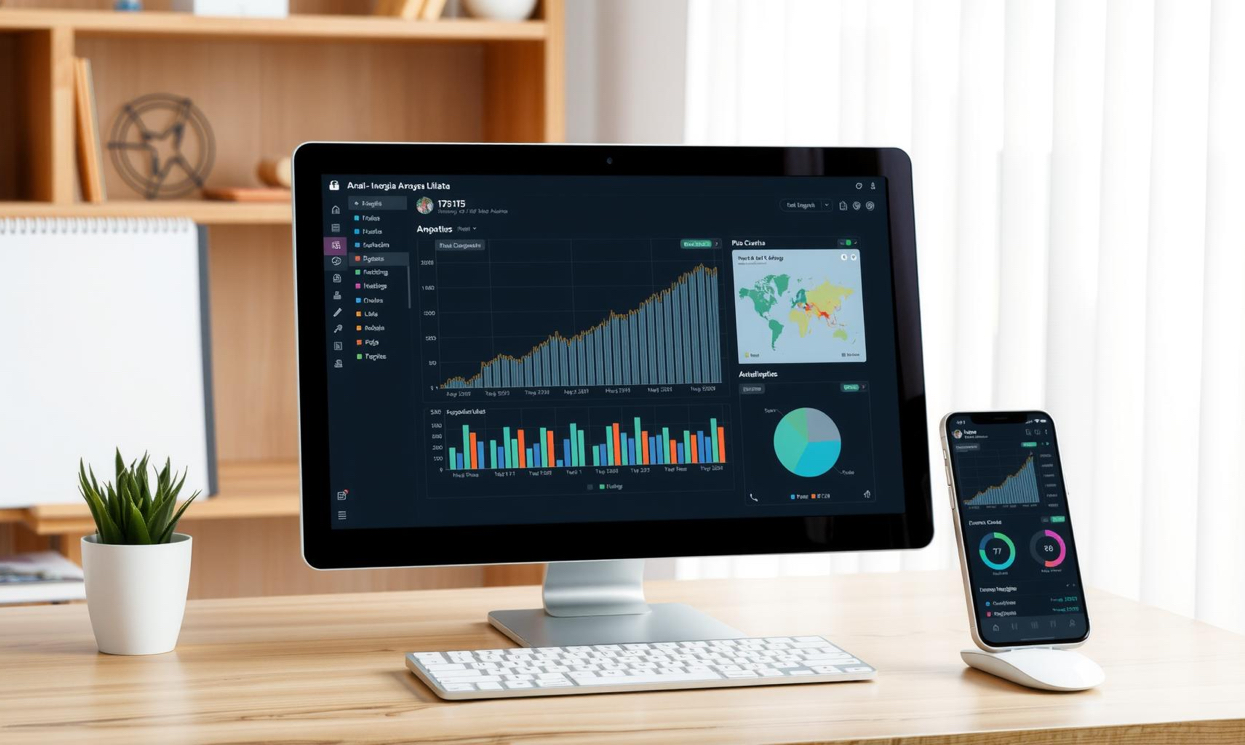 Immagine di un computer e di uno smartphone con uno schermo che mostra un grafico di crescita e un diagramma di analisi dei dati.