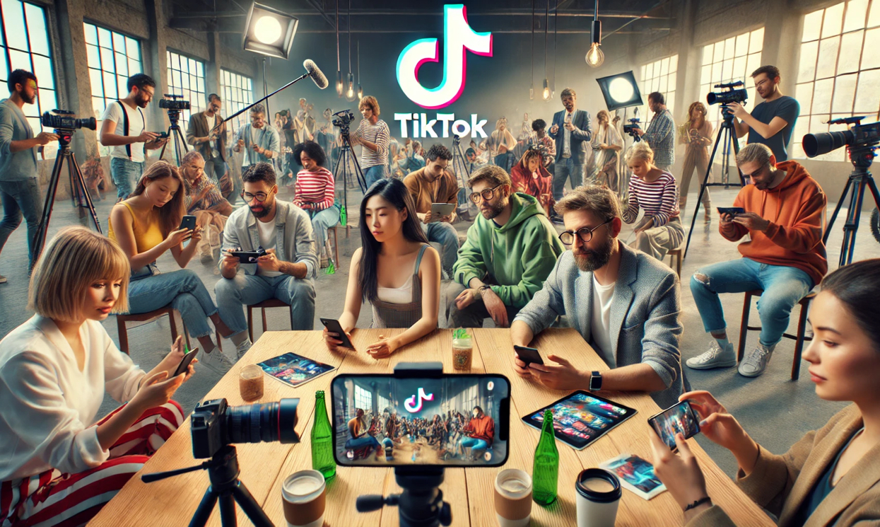 Un gruppo di persone diverse che utilizzano i loro smartphone per creare contenuti su TikTok