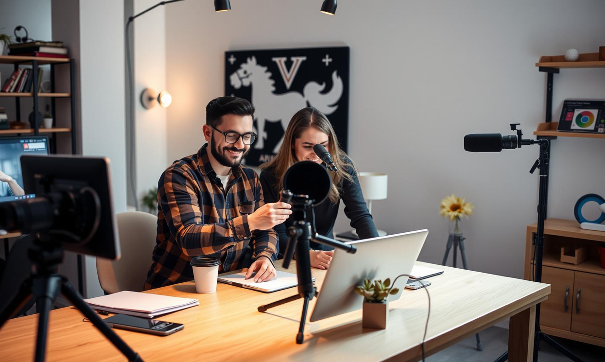 Immagine di un gruppo di persone che lavorano insieme a un progetto di video marketing, con attrezzature come telecamere, luci e microfoni.