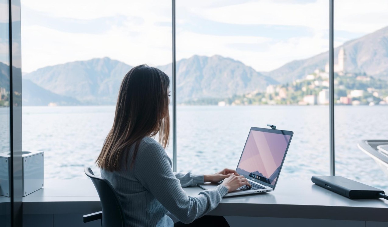 Foto di una persona che lavora su un laptop in un ambiente moderno e tecnologico con vista sul lago di Lugano