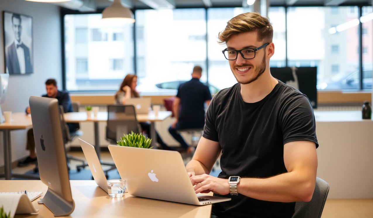 Immagine di una persona che lavora in un coworking space o un incubatore di startup, con una atmosfera di innovazione e creatività