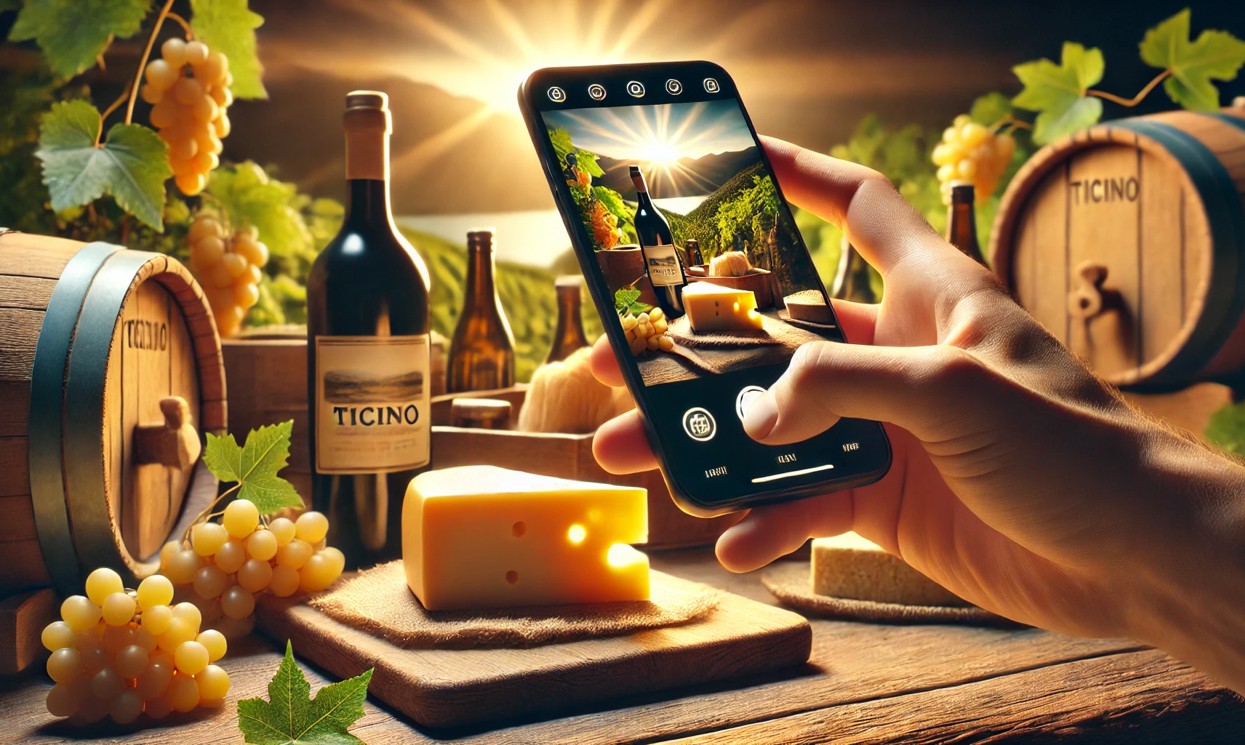 Una persona che utilizza un smartphone per scattare una foto di un prodotto o di un servizio tipico del Ticino