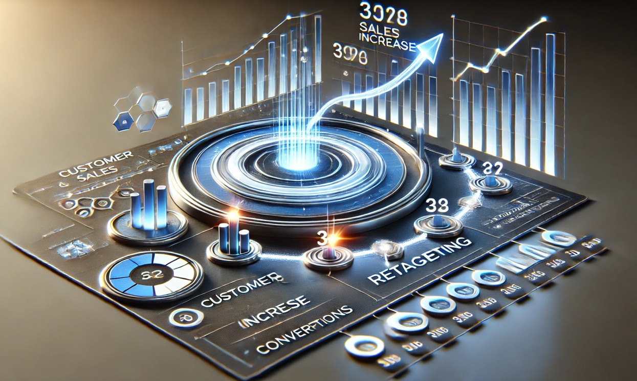 Un grafico che rappresenta il flusso di clienti e di vendite, con frecce e numeri che indicano il successo della campagna di retargeting.