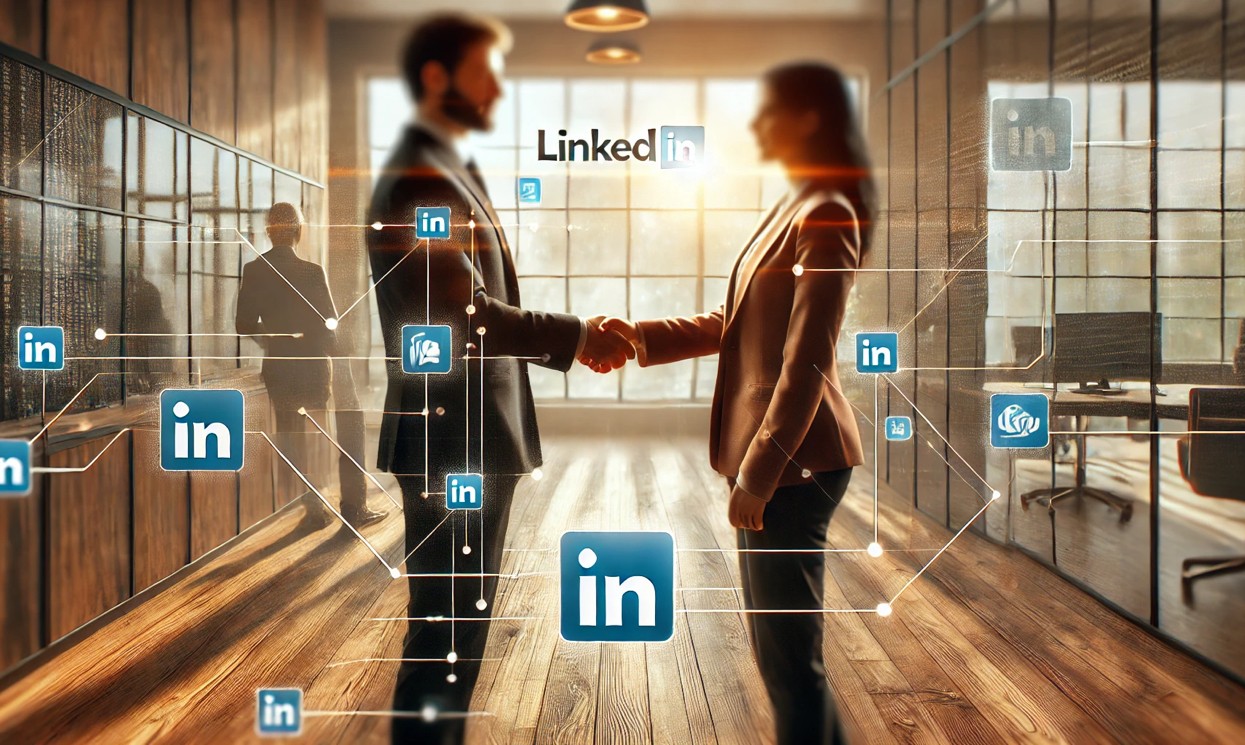 Due professionisti che si stringono la mano, rappresentando la creazione di nuove relazioni e partnership commerciali attraverso LinkedIn