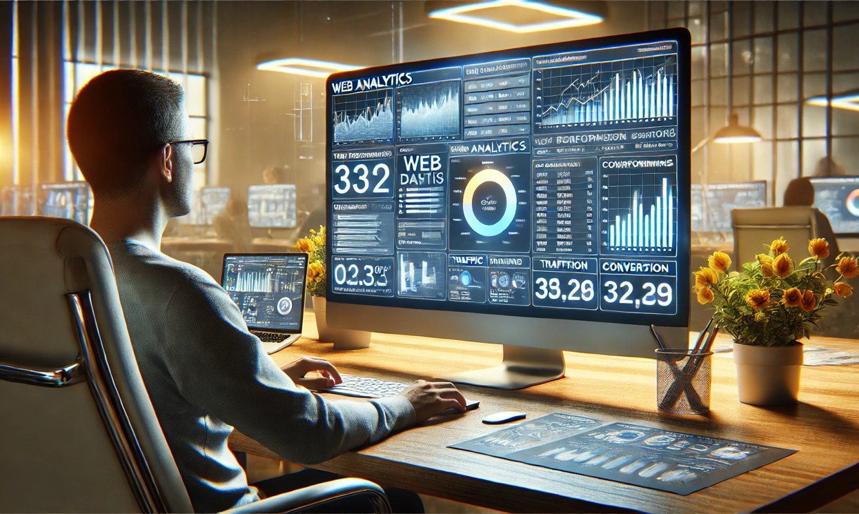 Una persona che lavora al computer con uno schermo che mostra grafici e dati di analisi web