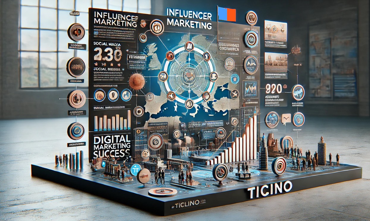 Immagine di un'infografica che illustra il concetto di influencer marketing, con icone o elementi che fanno riferimento al Ticino