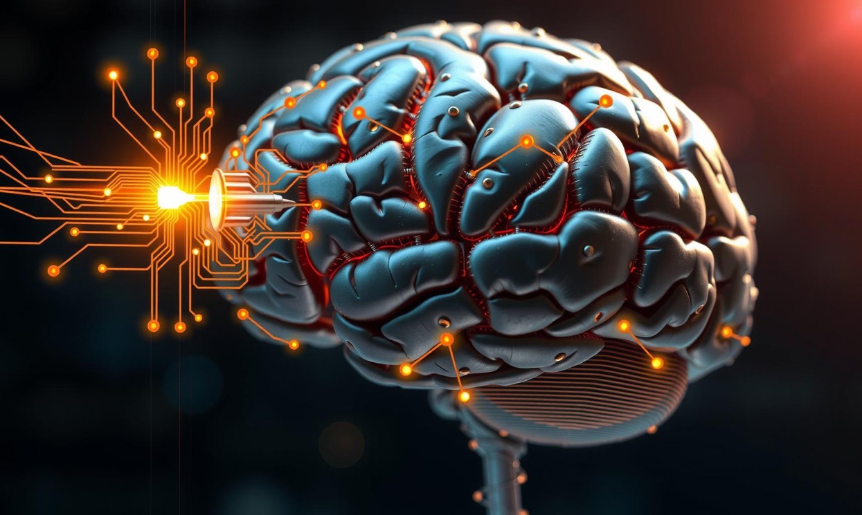Immagine di un cervello umano con circuiti elettronici o connessioni neurali sovrapposte, per rappresentare la connessione tra la psicologia e la tecnologia