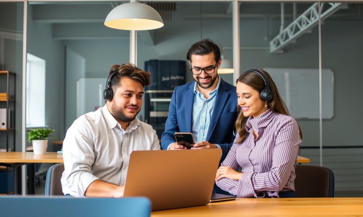 Immagine di un team di lavoro che collabora per implementare soluzioni di AI nel customer service, con espressioni di concentrazione e soddisfazione.