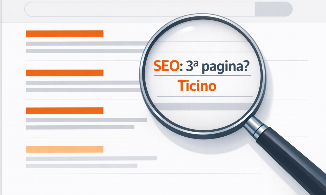 Grafica sobria con una lente d’ingrandimento che osserva una SERP di Google stilizzata, dove la terza pagina è evidenziata e la parola 'Ticino' compare in piccolo. Palette con arancione predominante e grigi chiari. Testo in immagine: "SEO: perché resto in 3ª pagina?"