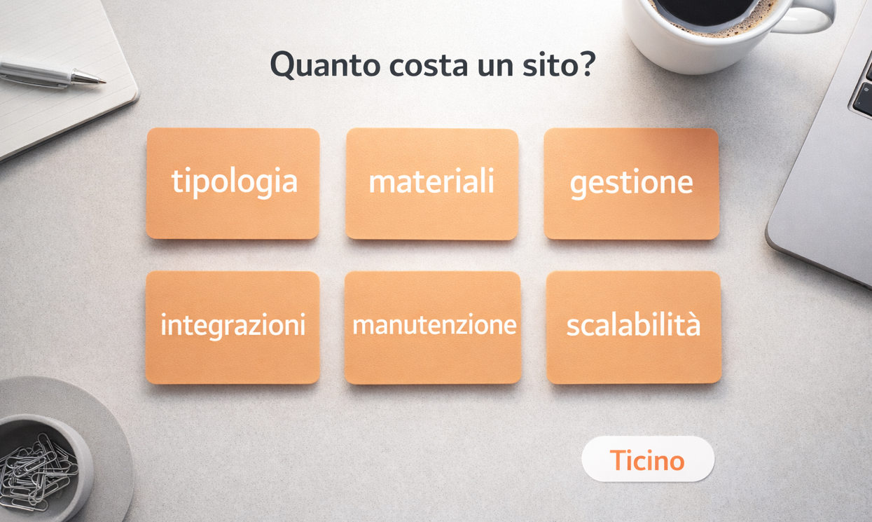 Visual di una scrivania ordinata con blocchi che rappresentano le 6 decisioni chiave (tipologia, materiali, gestione, integrazioni, manutenzione, scalabilità), palette arancio tenue. Poco testo: titolo breve 'Quanto costa un sito?' e, la parola 'Ticino'