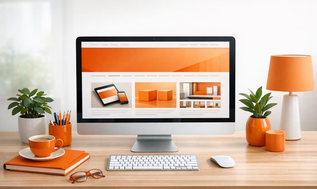 Scrivania ordinata con computer acceso su un sito web accessibile e moderno