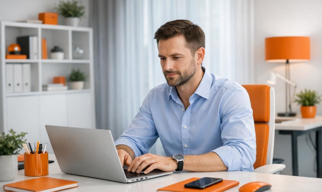 Professionista in ufficio moderno mentre lavora, atmosfera tranquilla e professionale.