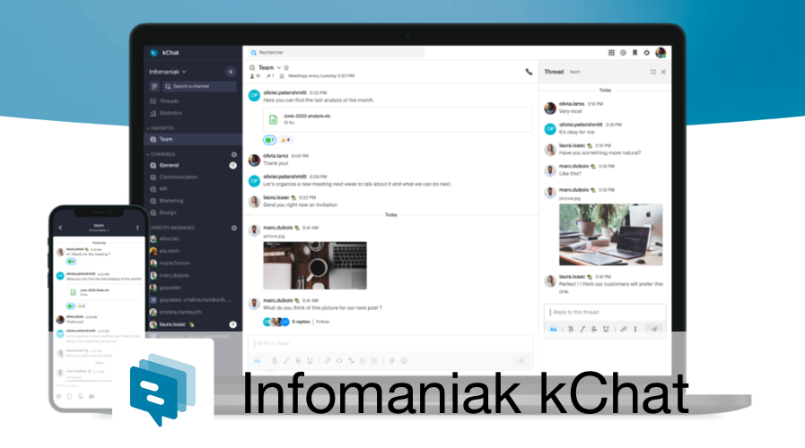 Infomaniak lancia kChat, un'applicazione per interagire in tempo reale tra i team e organizzare tutti i progetti all'interno di una piattaforma di comunicazione unificata.